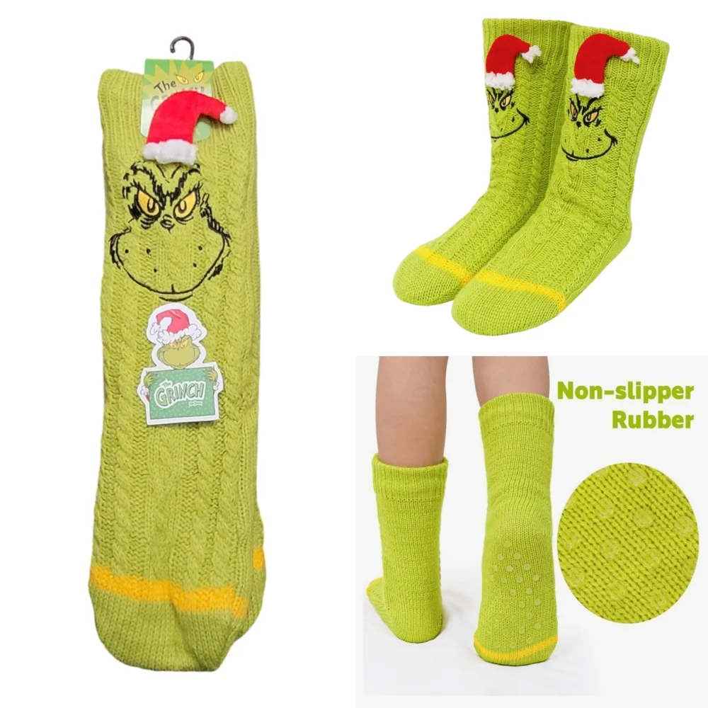 Bioworld Grinch Sherpa Lined Santa Hat Knit Slipper Socks NWT (Shoe 5-10)